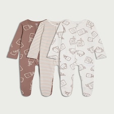 F&F Baby 3-Pack Pure Cotton Milk Printed Sleepsuits in White