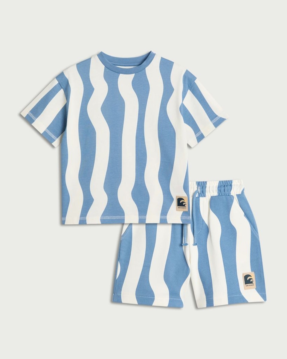 image 1 of F&F Boys 2-Piece Pure Cotton Wave Print T-Shirt and Shorts Set in Blue
