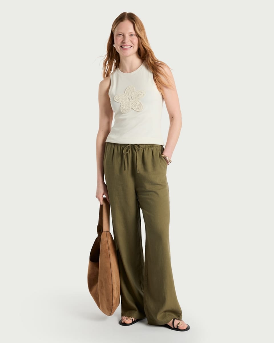 image 1 of F&F Linen Rich Wide Leg Drawstring Trousers in Khaki