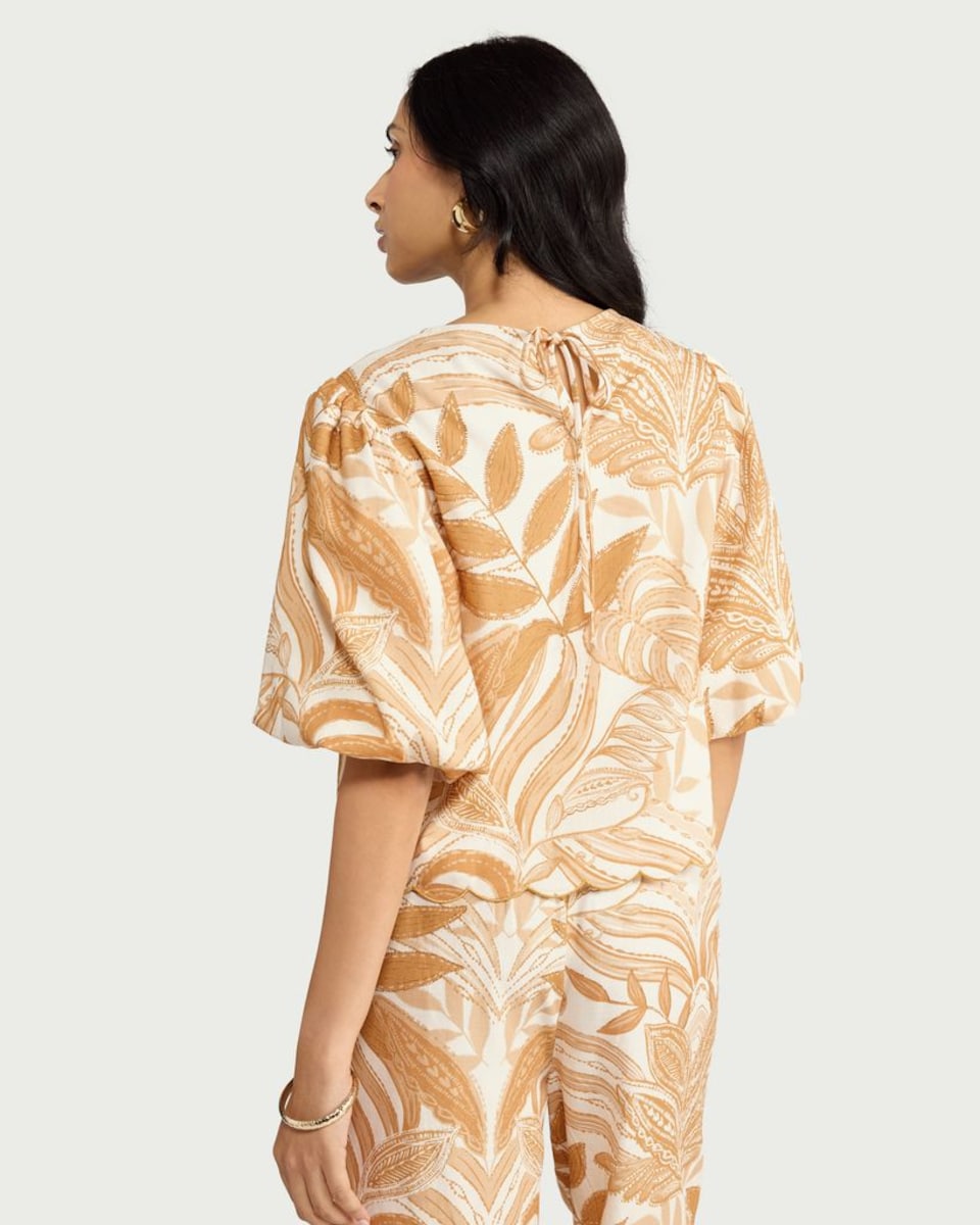 image 1 of F&F Leaf Print Puff Sleeved Co-ord Top in Multi Orange