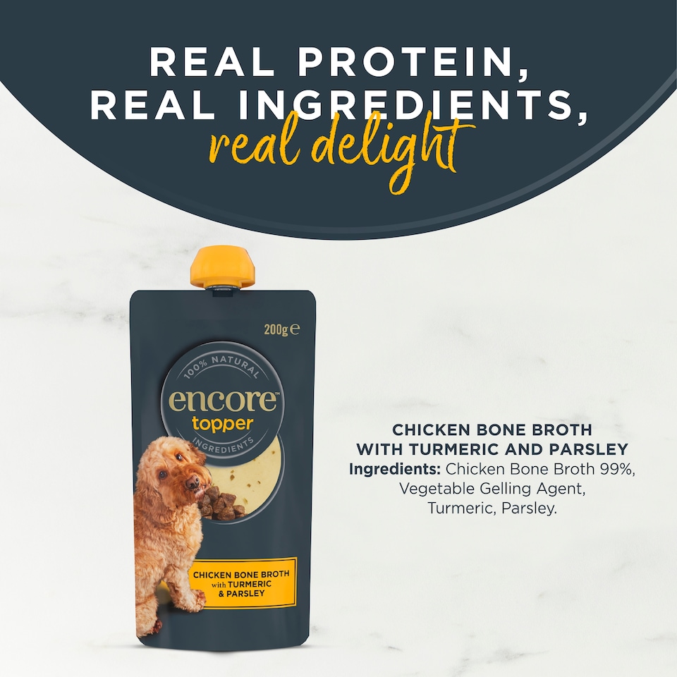 image 1 of Encore Natural Chicken Bone Broth Dog Food Topper with Turmeric & Parsley Spout Pouch 200g