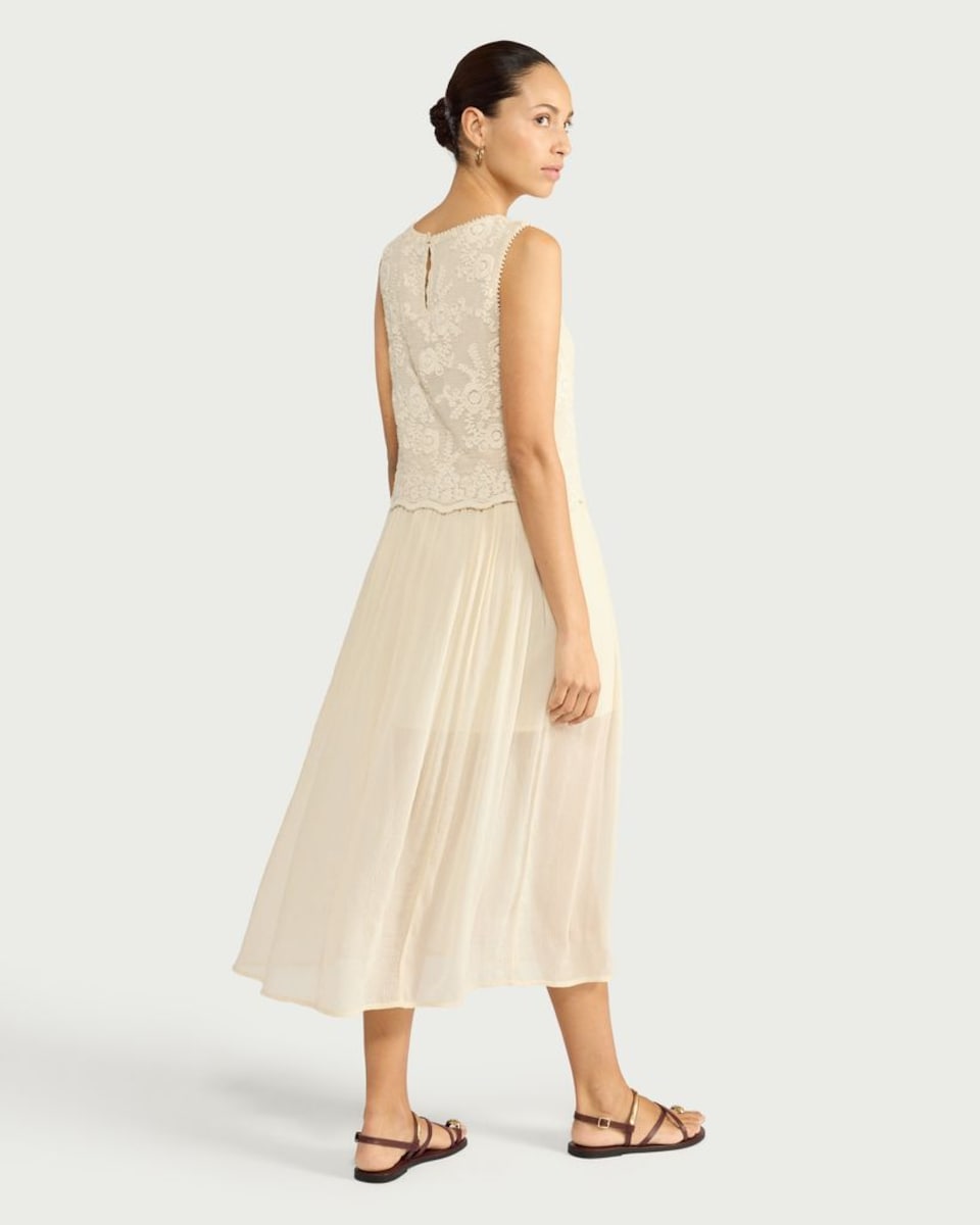 image 1 of The F&F Edit Pure Cotton Embroidered Sleeveless Midi Dress in Cream