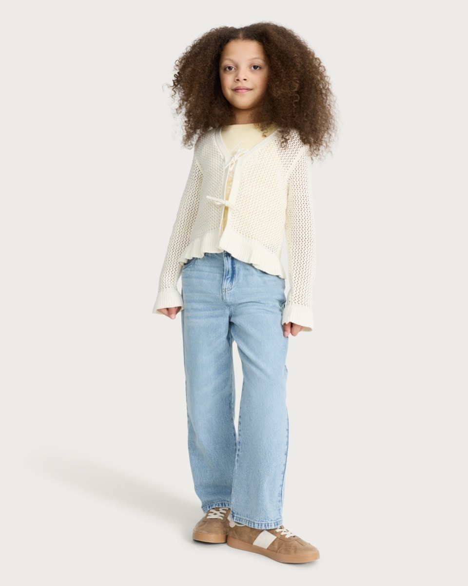 image 1 of F&F Girls Pure Cotton Knitted Tie Front Cardigan in Cream