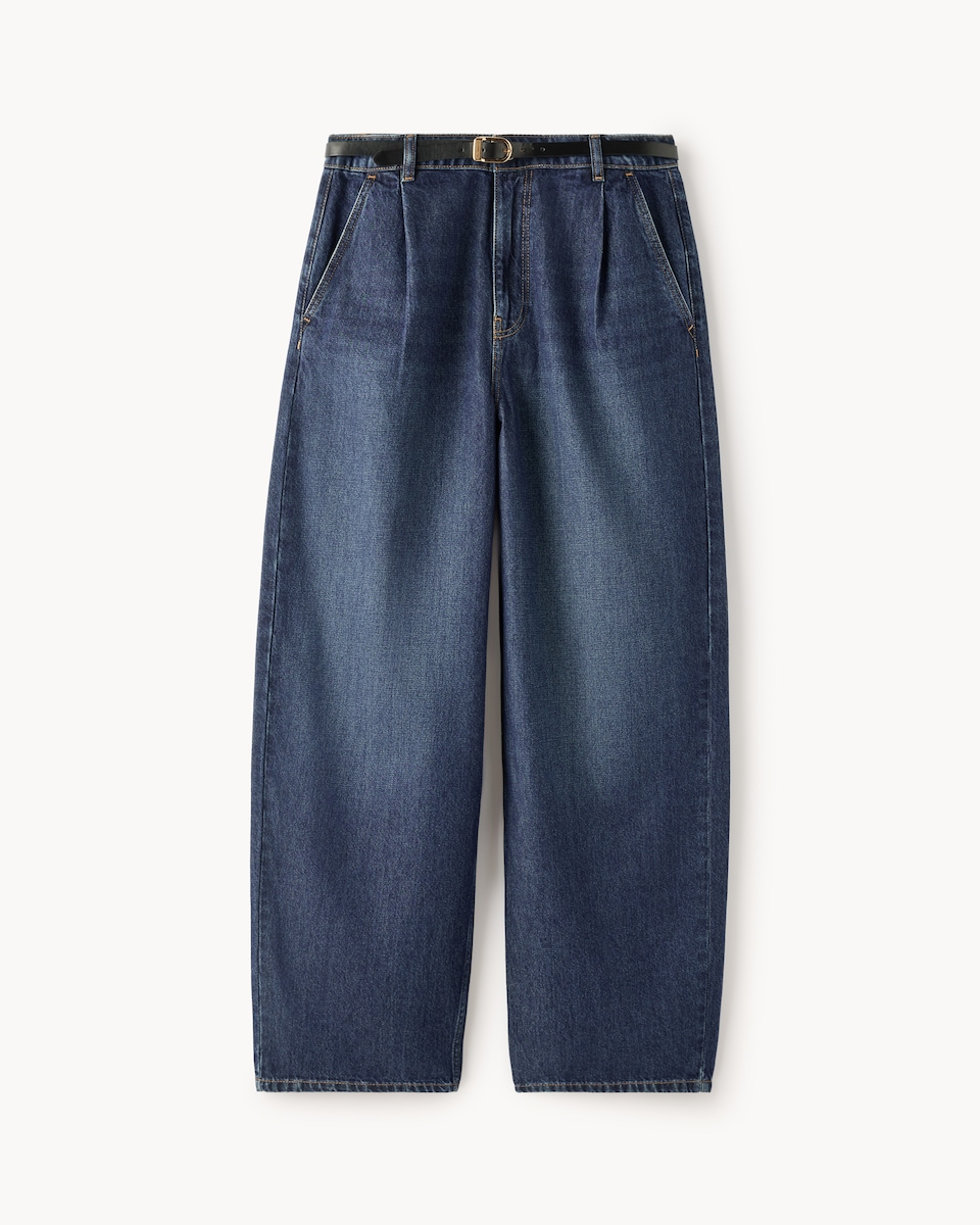 image 1 of F&F Pure Cotton Pleated Relaxed Fit Jeans in Navy