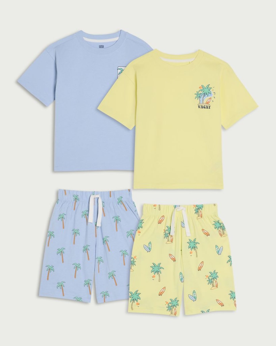 F&F Boys 2-Pack Pure Cotton Palm Print Pyjama Sets in Yellow
