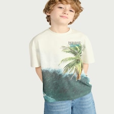 F&F Boys Pure Cotton Paradise Print T-Shirt in Cream