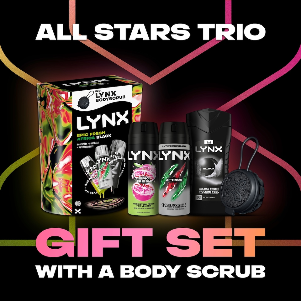 image 1 of Lynx Trio All Stars Bodyspray, Bodywash + Bodyscrub Gift Set