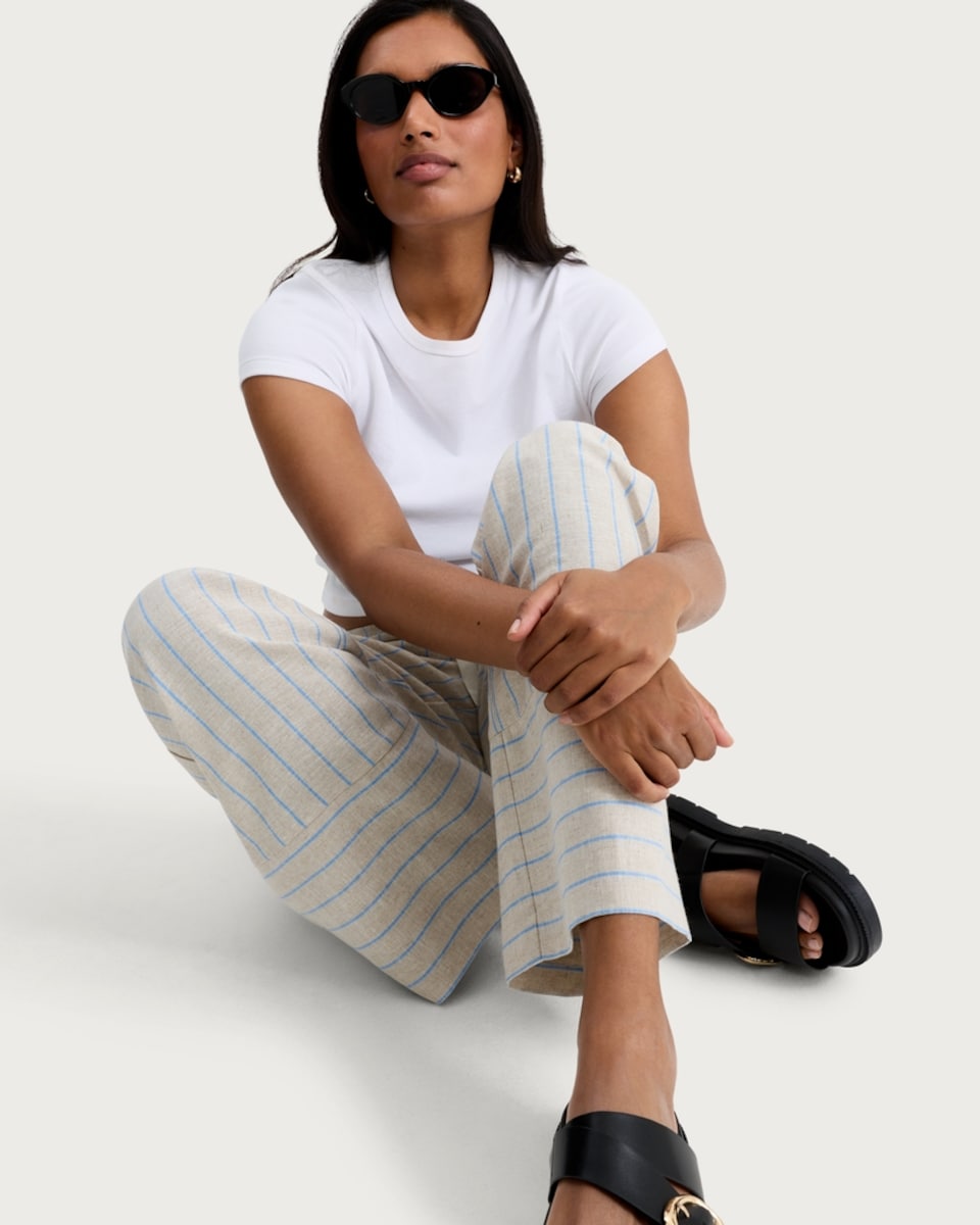 image 1 of F&F Linen Rich Striped Wide Leg Drawstring Trousers in Stone