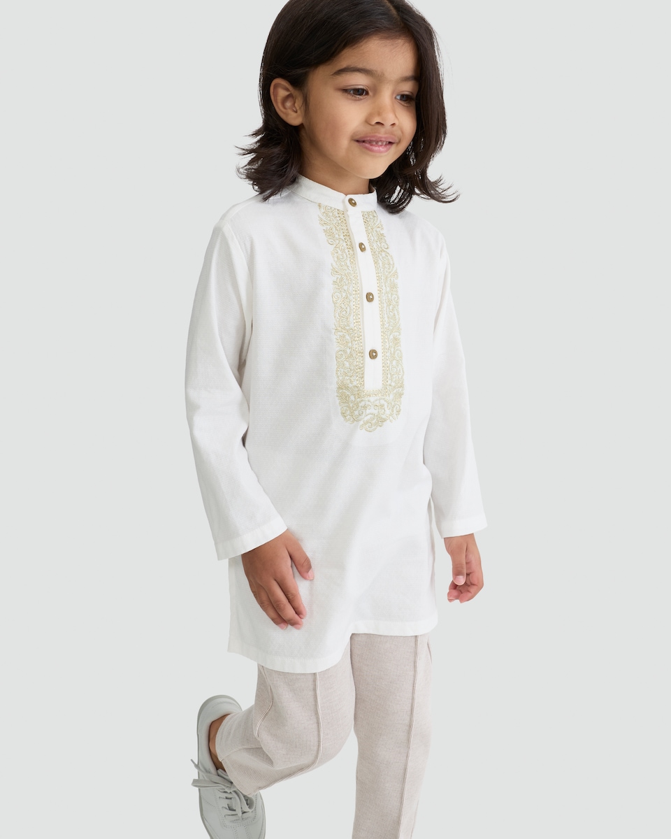image 1 of F&F Boys Cotton Blend Embroidered Kurta in Cream