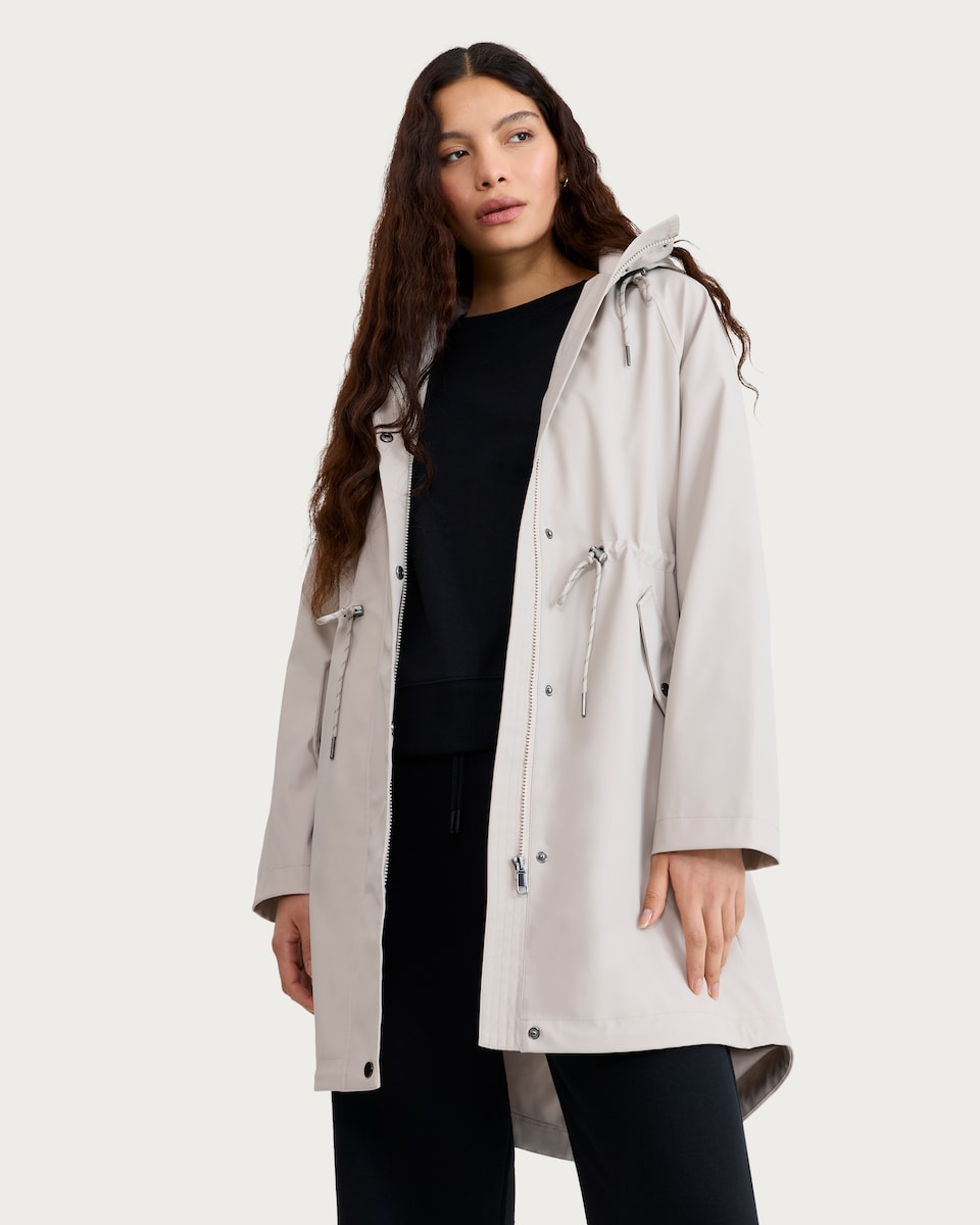 image 1 of F&F Drawstring Waist Hooded Raincoat in Cream