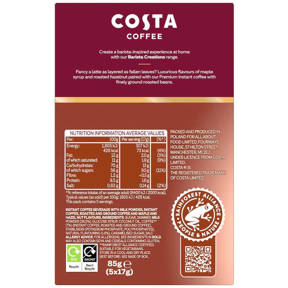 image 1 of Costa Coffee Maple Hazel Latte 85g