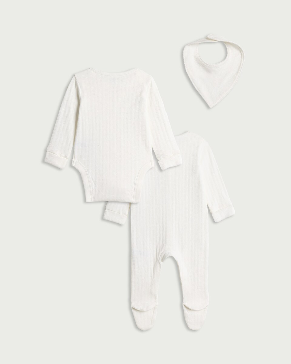image 1 of F&F Baby 3-Piece Pure Cotton Pointelle Bodysuit, Sleepsuit and Bib Set in White