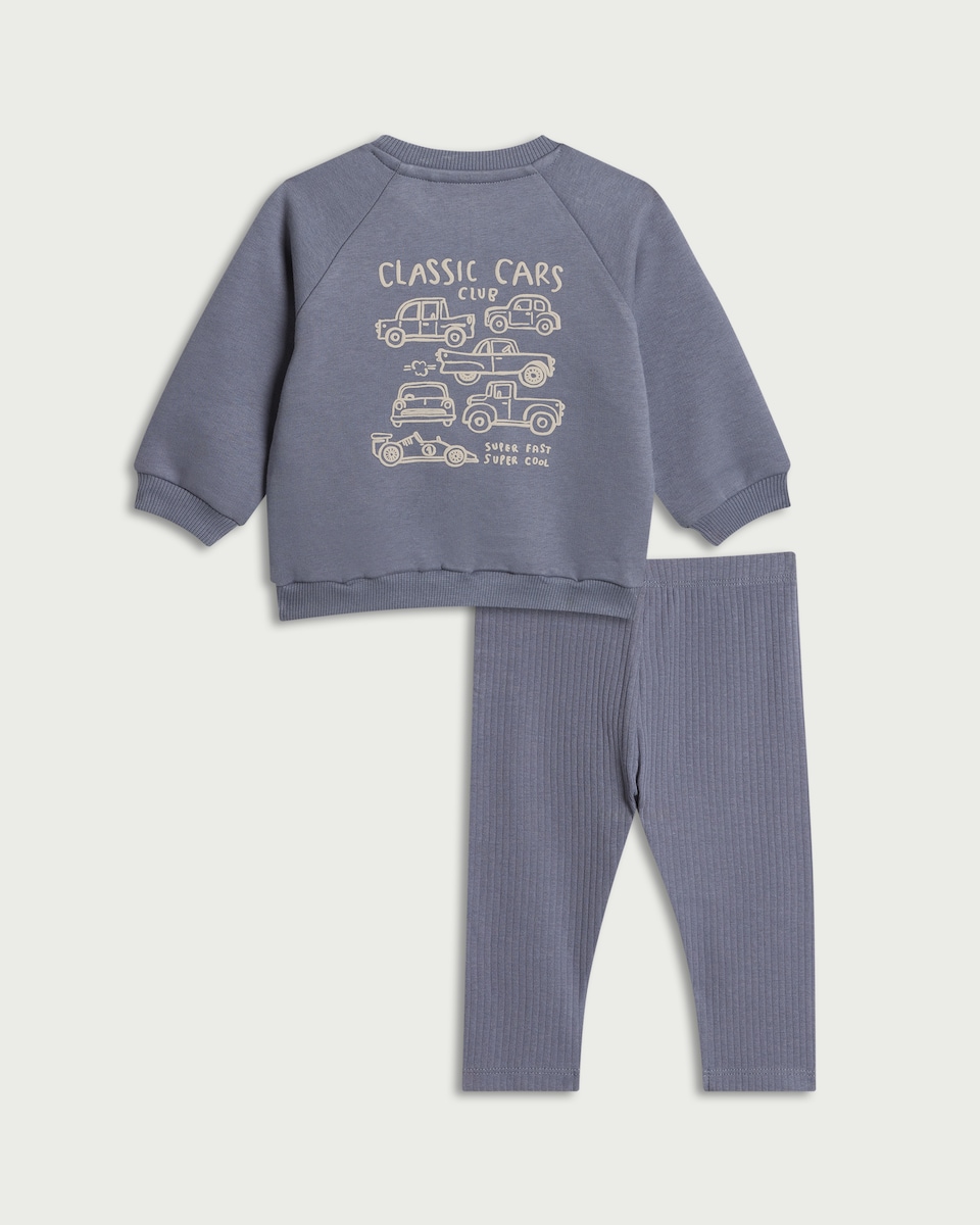 image 1 of F&F Baby 2-Piece Cotton Rich Classic Cars Embroidered Sweatshirt and Leggings Set in Blue