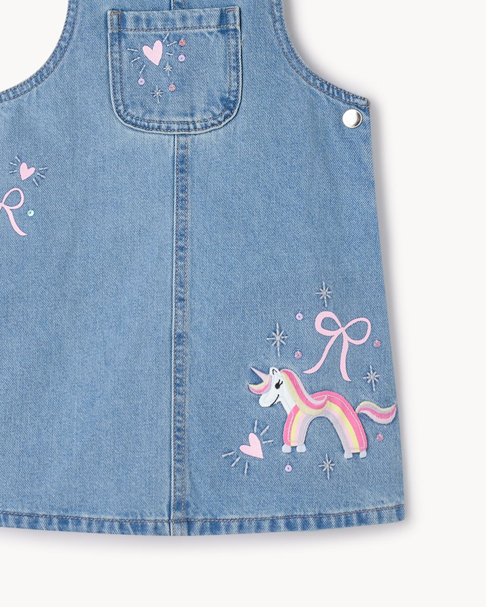 image 1 of F&F Girls Cotton Rich Denim Unicorn Pinafore and Top Set in Blue