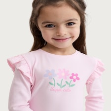 F&F Girls 3-Pack Cotton Rich Ruffle Detail Long Sleeved Tops in Multi Pink