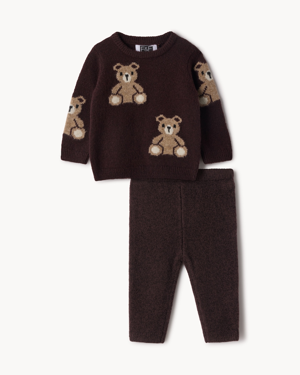 image 1 of F&F Baby Knitted Teddy Jumper and Leggings Set in Brown