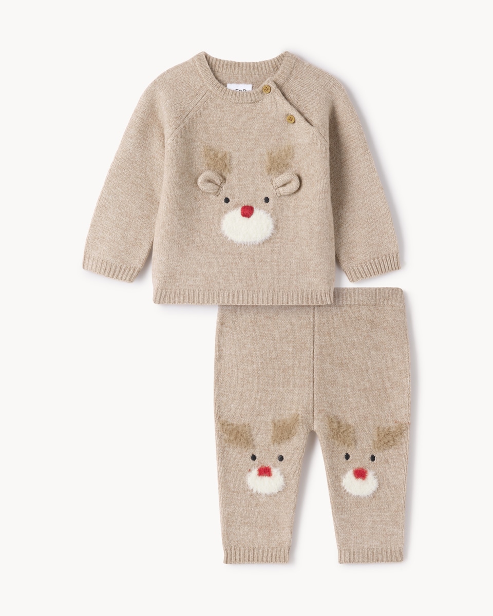 image 1 of Christmas Baby Reindeer Jumper and Trousers Set in Brown
