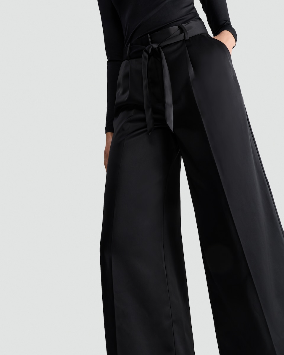image 1 of F&F Satin Wide Leg Tie Waist Trousers in Black