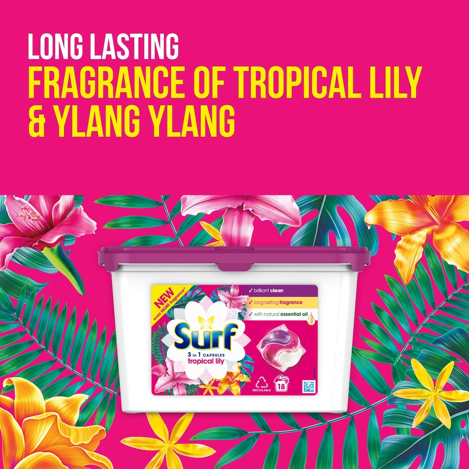 image 1 of Surf 3 In1 Tropical Lily Washing Capsules 18 Washes 311.4g