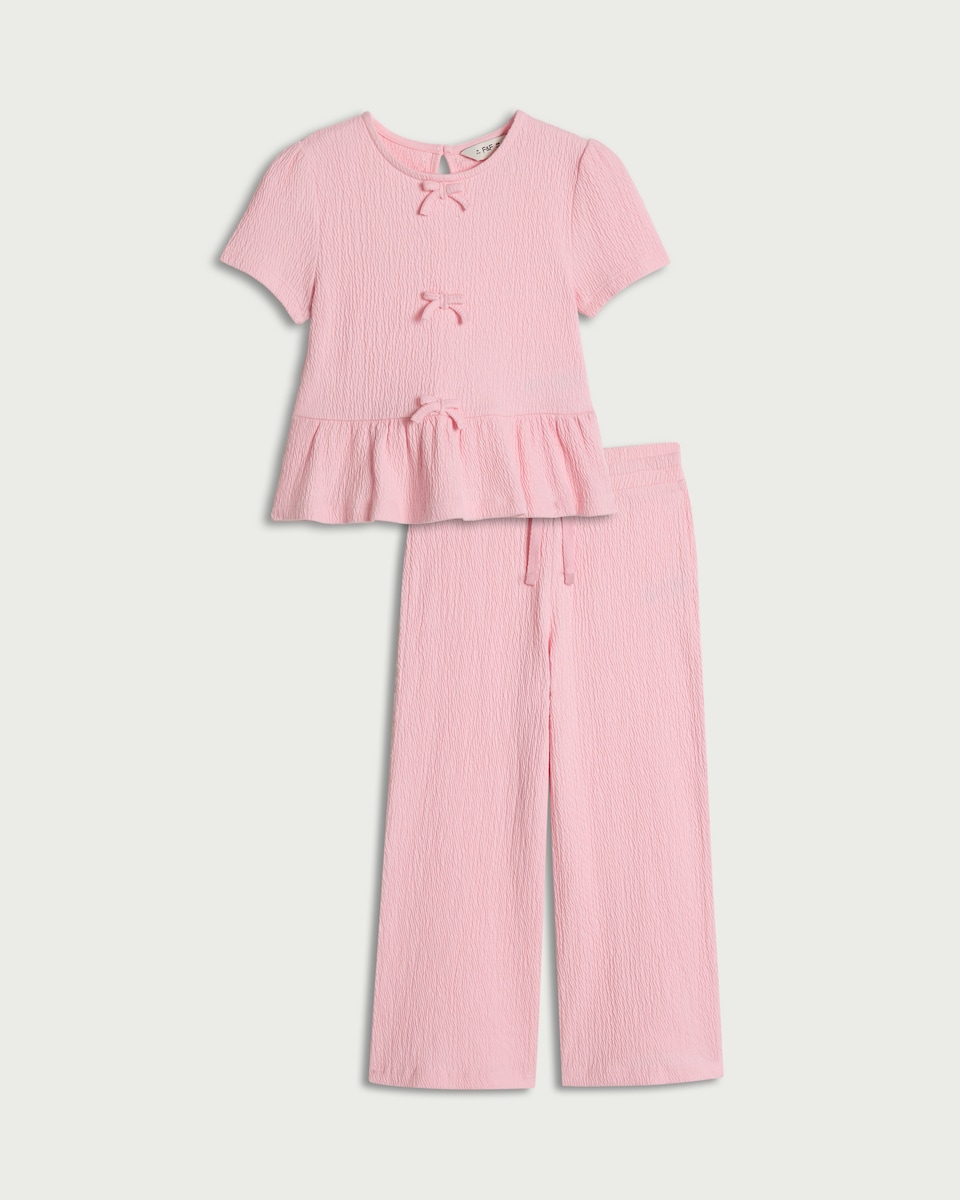 image 1 of F&F Girls 2-Piece Cotton Rich Textured Top and Trousers Set in Pink