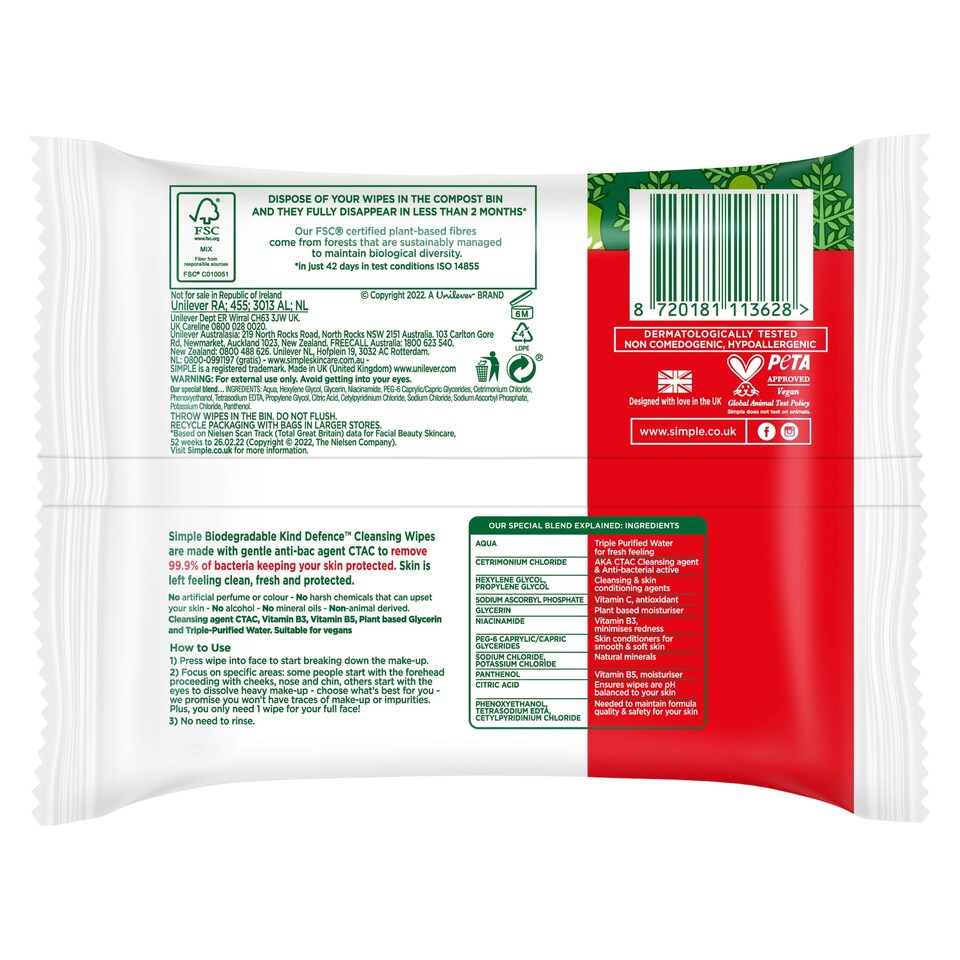 image 1 of Simple Antibacterial Kind Defence Wipes 20Pack
