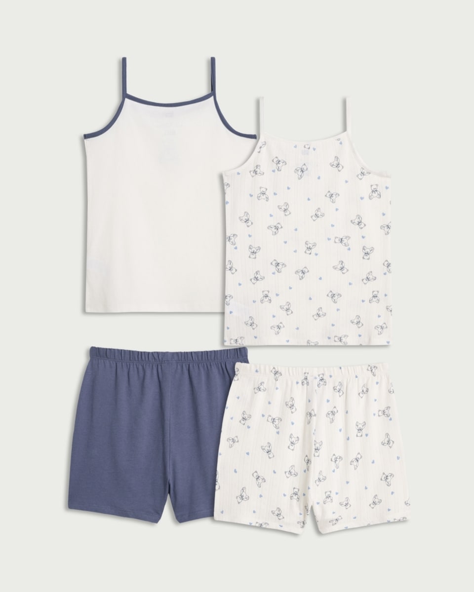 image 1 of F&F Girls 2-Pack Pure Cotton Teddy Bear Print Short Pyjama Sets in White
