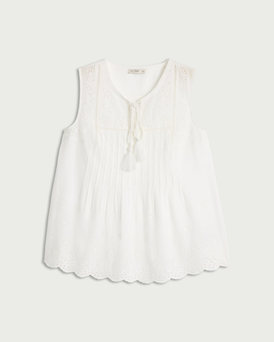image 1 of F&F Pure Cotton Embroidered Sleeveless Top in White