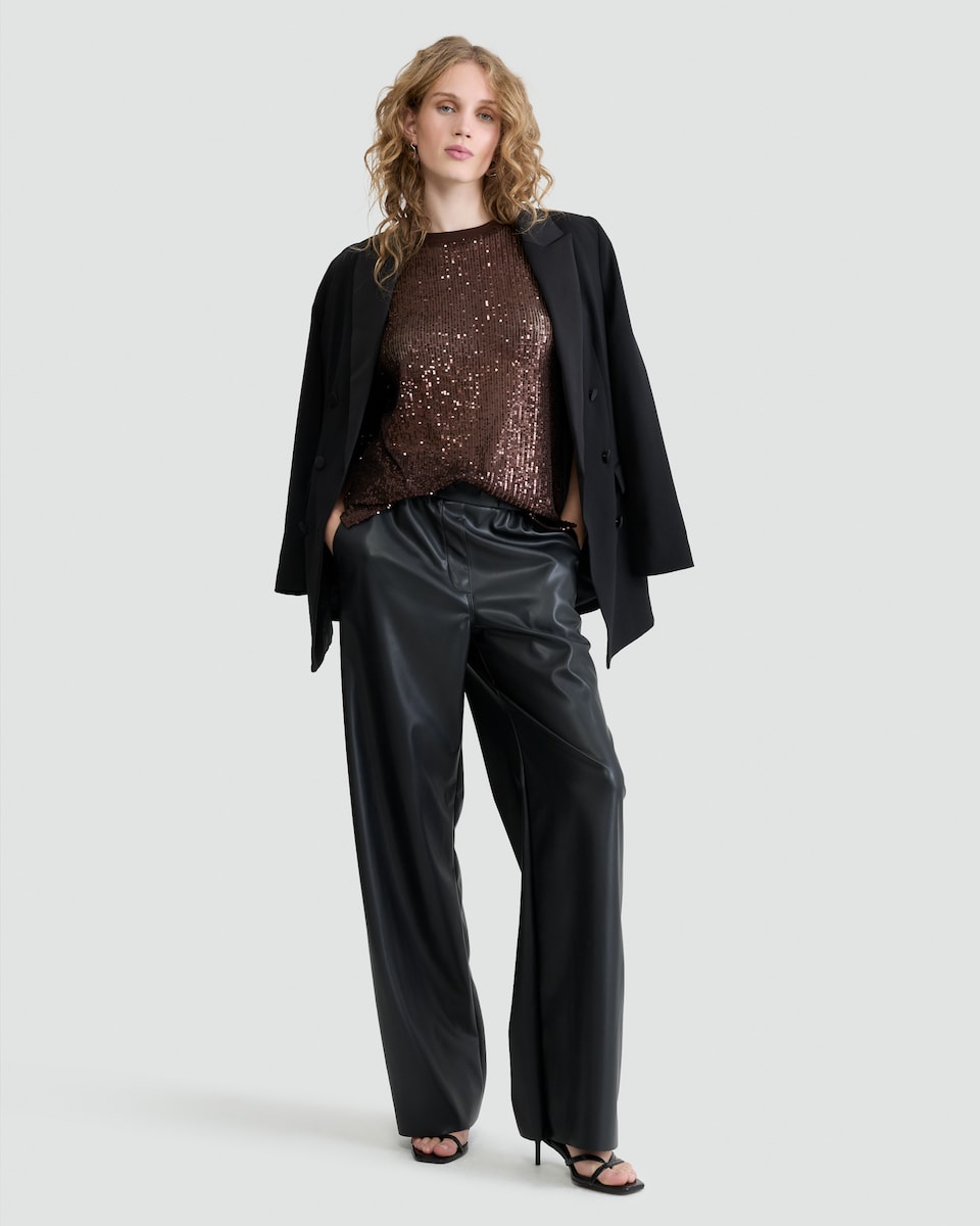 image 1 of F&F Sequin Embellished Boxy Short Sleeved Top in Brown