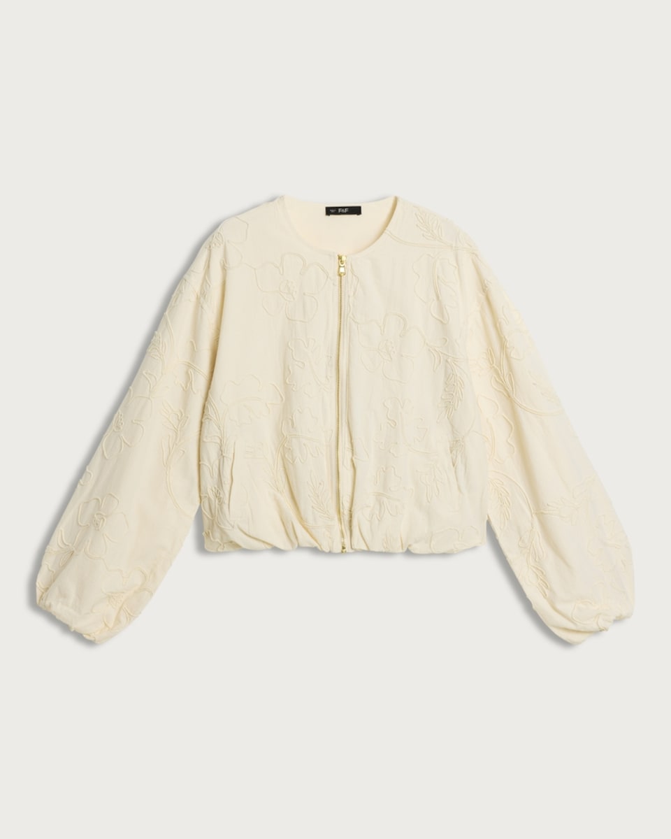 image 1 of F&F Embroidered Bomber Jacket in Cream