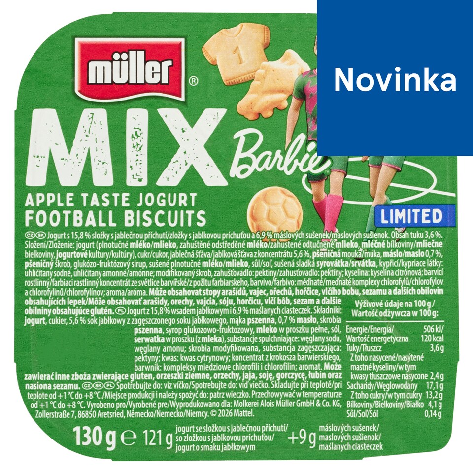 image 1 of Müller Mix Barbie Apple Taste Jogurt with Football Biscuits 130 g