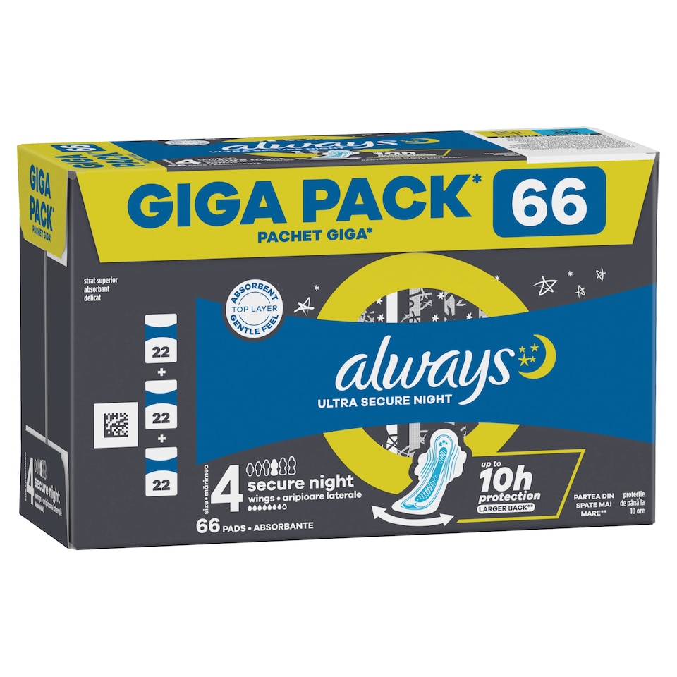 Obrázek 1 pro produkt Always, Ultra Secure Night (Velikost 4) Hygienické Vložky, Křidélka x 66, Vložky