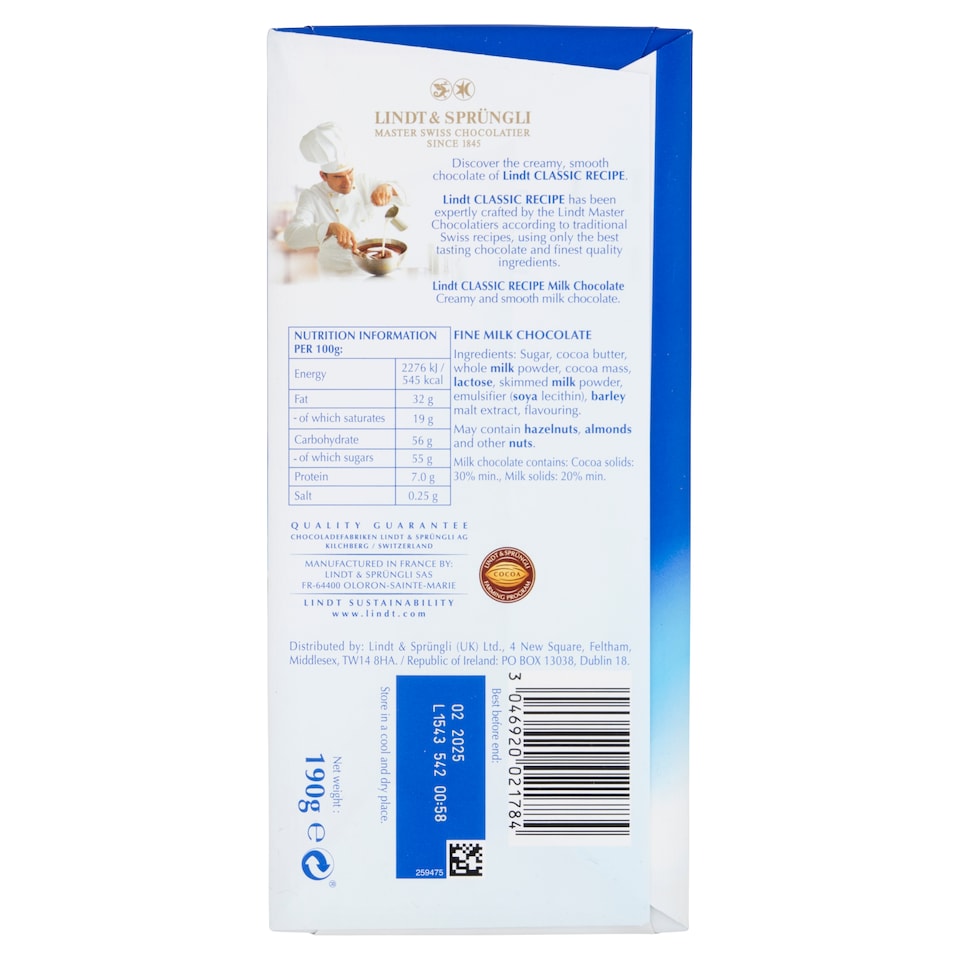 image 1 of Lindt Classic Recipe Milk Chocolate Bar 190g
