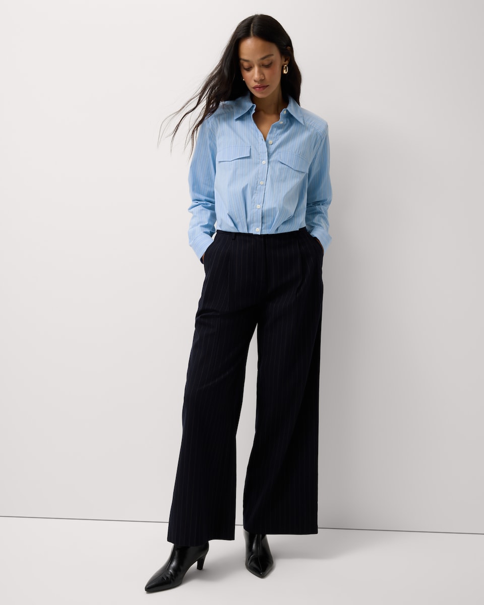 image 1 of F&F Striped Shoulder Pad Shirt in Multi Blue