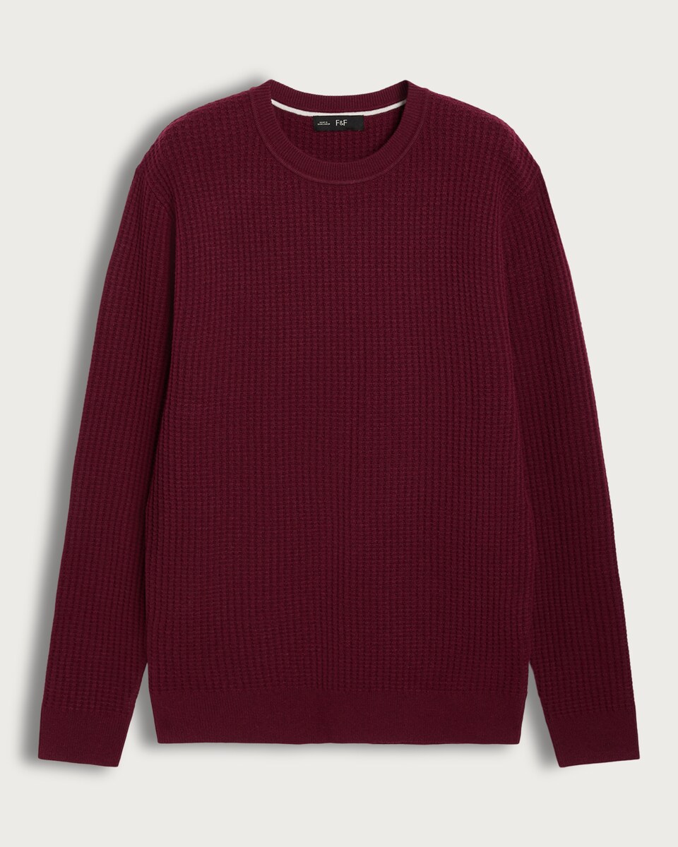 image 1 of F&F Waffle Knit Crew Neck Jumper with Wool in Burgundy
