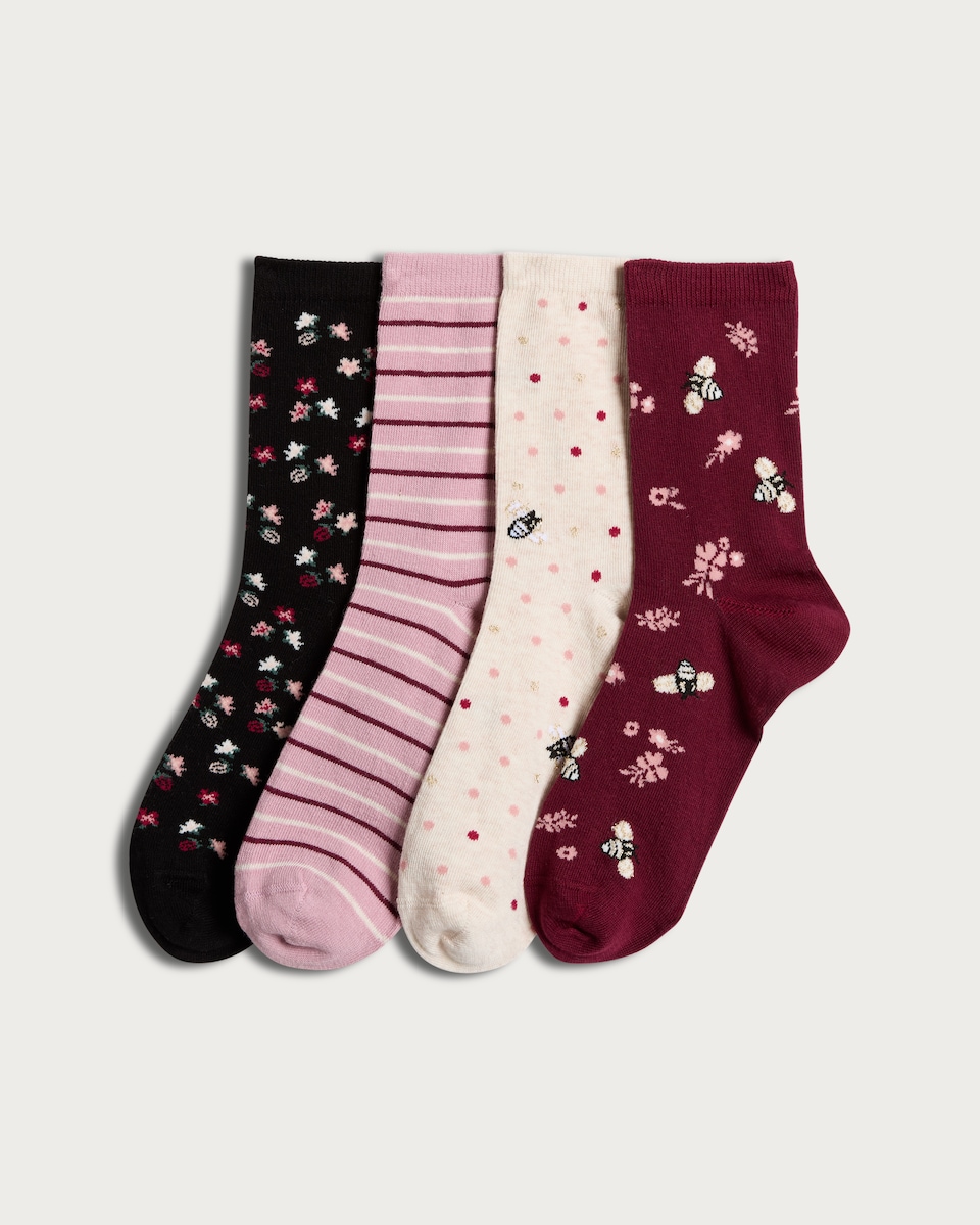 F&F 4-Pack Cotton Blend Floral and Bee Print Ankle Socks in Burgundy