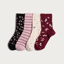 F&F 4-Pack Cotton Blend Floral and Bee Print Ankle Socks in Burgundy