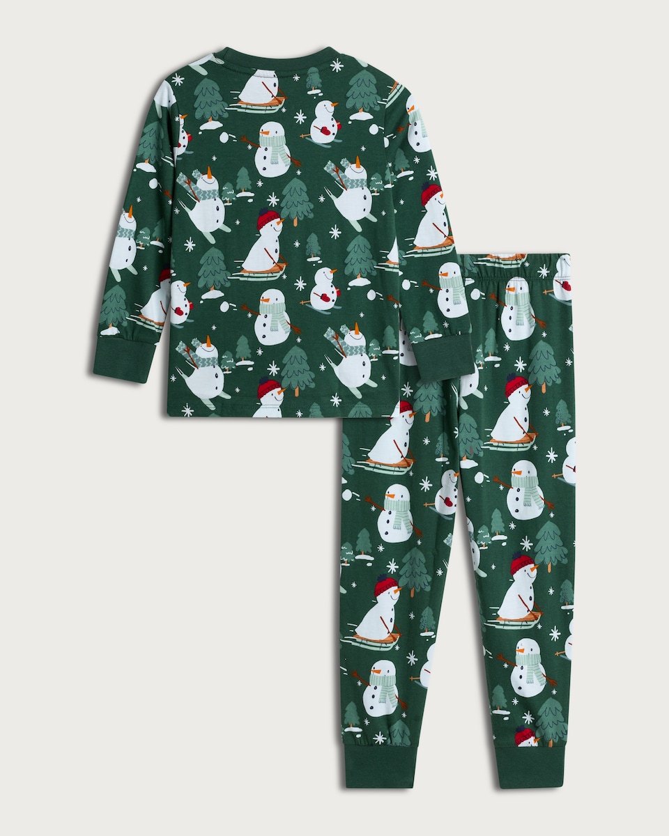 image 1 of F&F Boys Pure Cotton Snowman Print Pyjama Set in Green