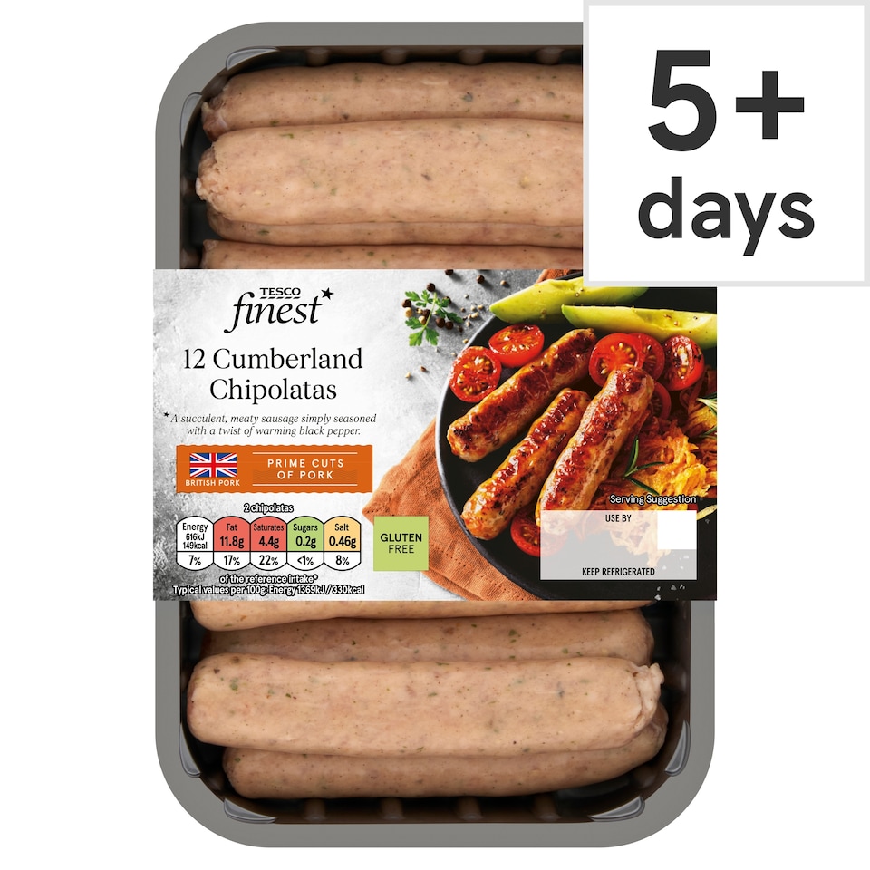 Tesco Finest 12 Cumberland Chipolatas 375G
