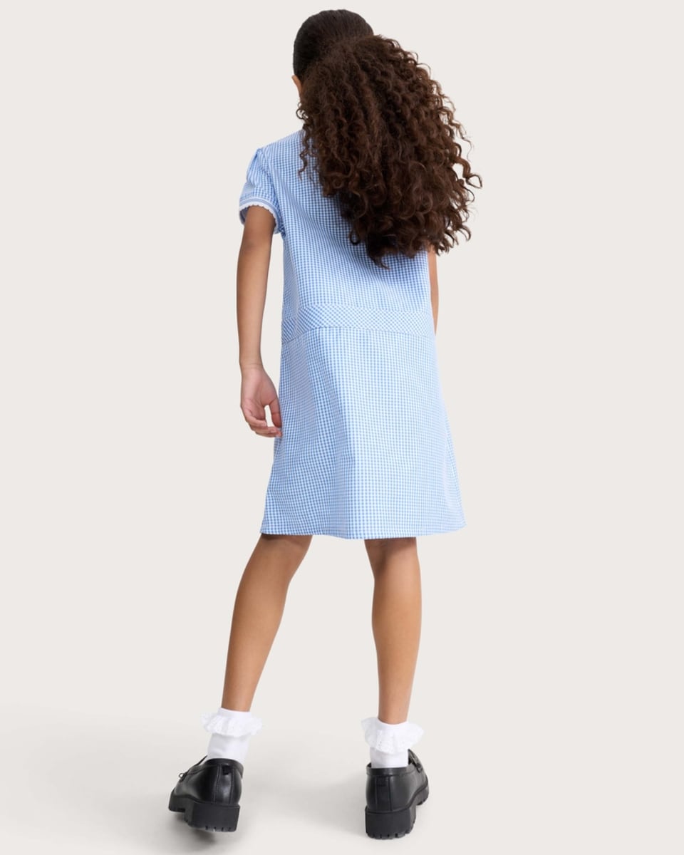 image 1 of F&F School Girls 2-Pack Generous Fit Gingham Short Sleeved Dresses in Blue