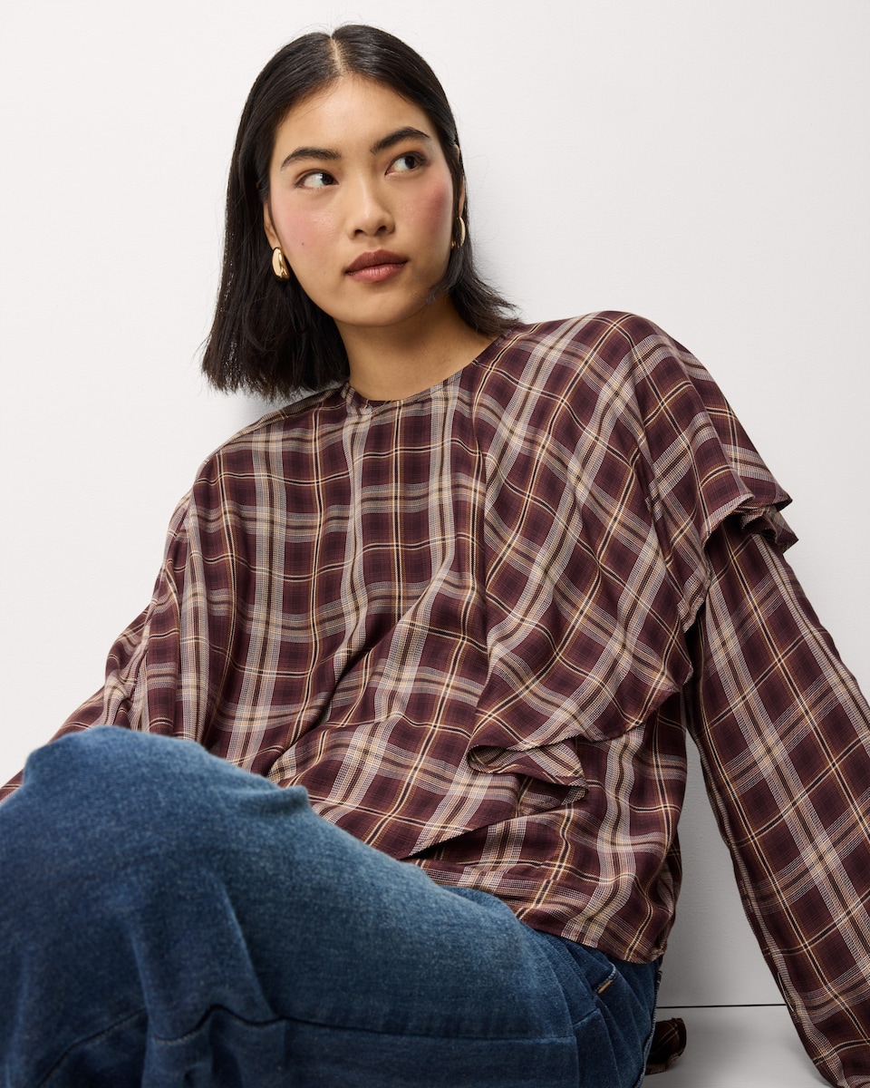 image 1 of F&F Checked Cape Detail Blouse in Burgundy