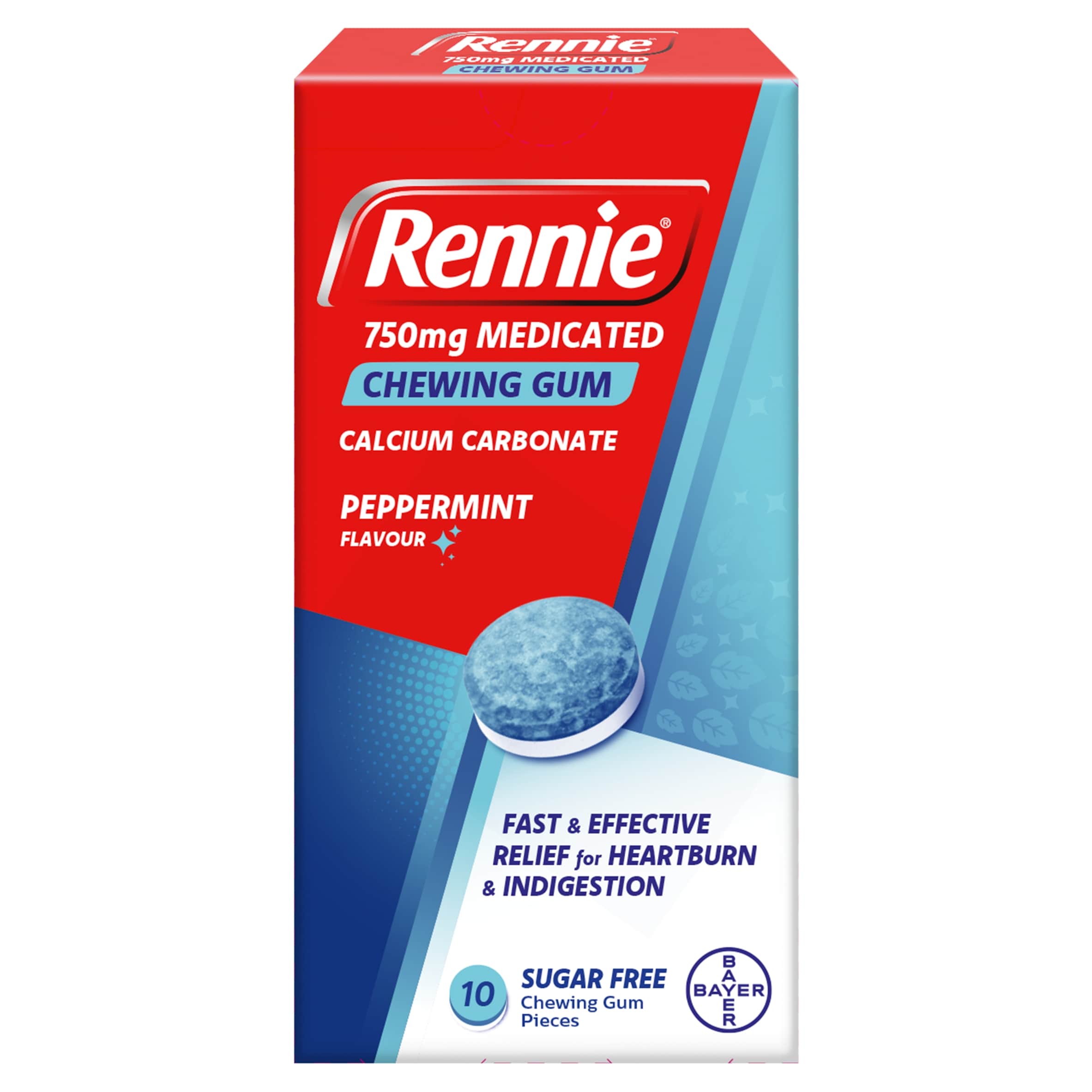 Rennie 750mg Medicated Chewing Gum Peppermint 10 Pieces
