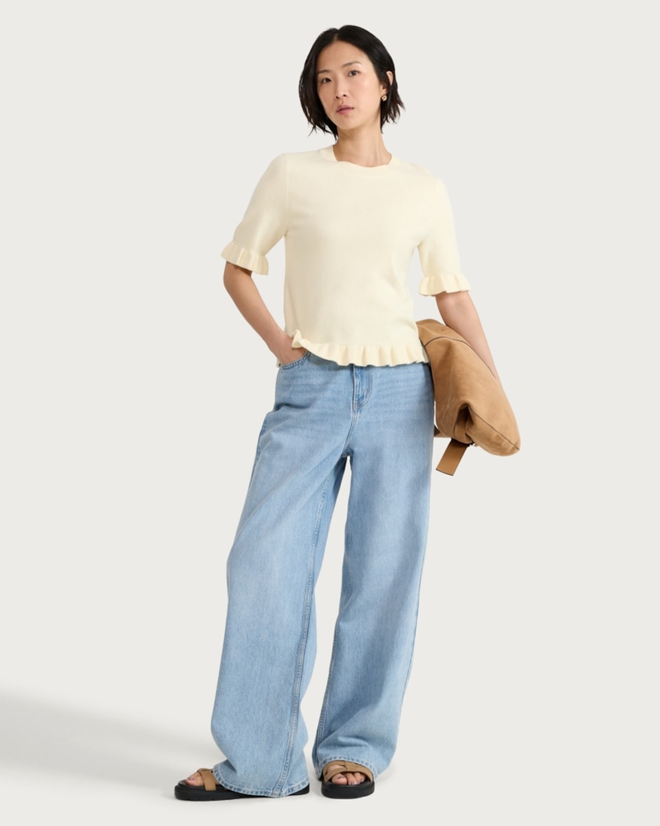 image 1 of F&F Ruffle Trim Short Sleeved Knitted Top in Yellow