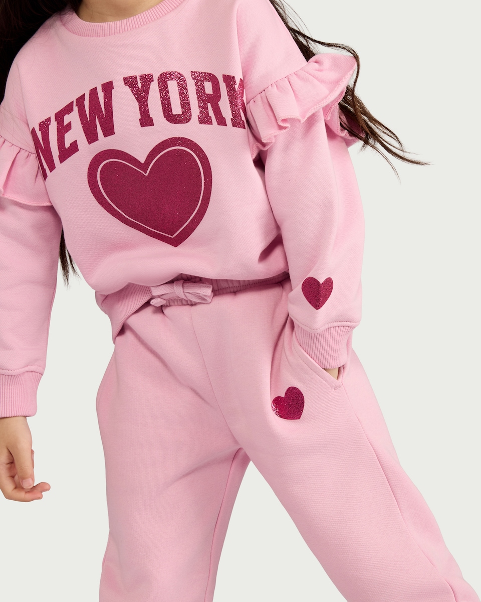 image 1 of F&F Girls Cotton Rich Heart Print Joggers in Pink