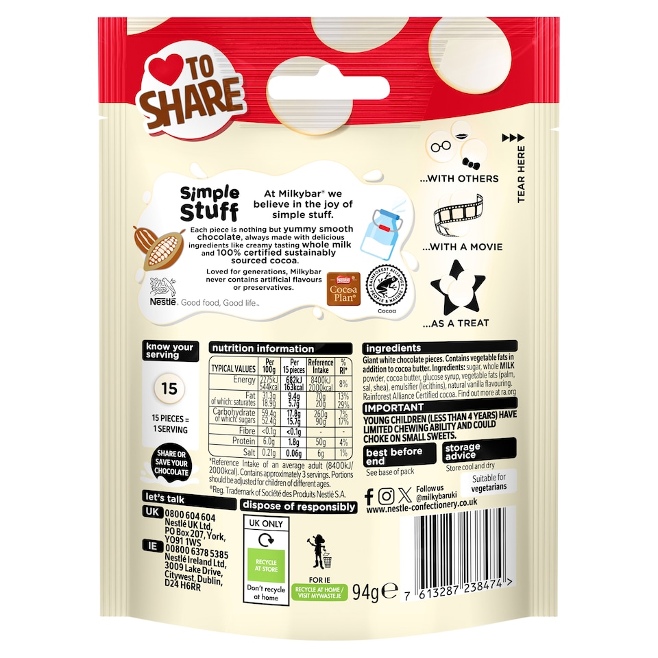 image 1 of Milkybar White Chocolate Giant Buttons Sharing Bag 94g