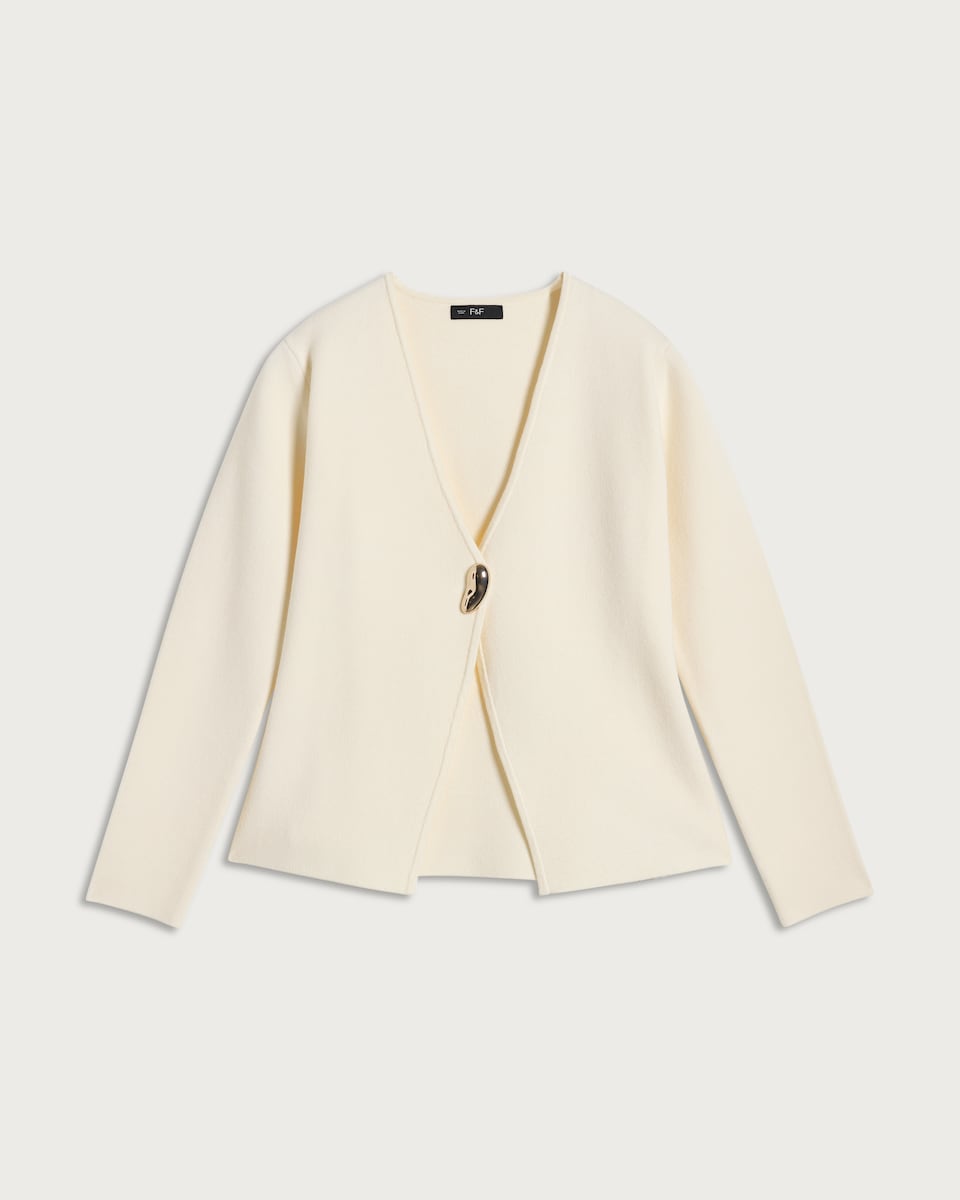 image 1 of The F&F Edit V Neck Metal Accent Cardigan in Cream