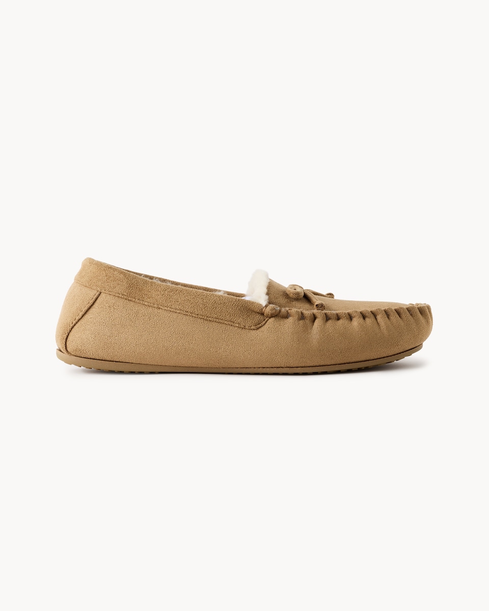 image 1 of F&F Faux Suede Moccasin Slippers in Neutral