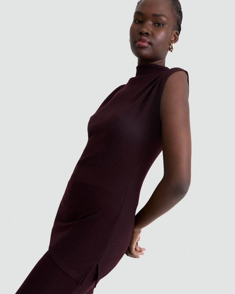 image 1 of F&F Ribbed Sleeveless Asymmetric Top in Burgundy