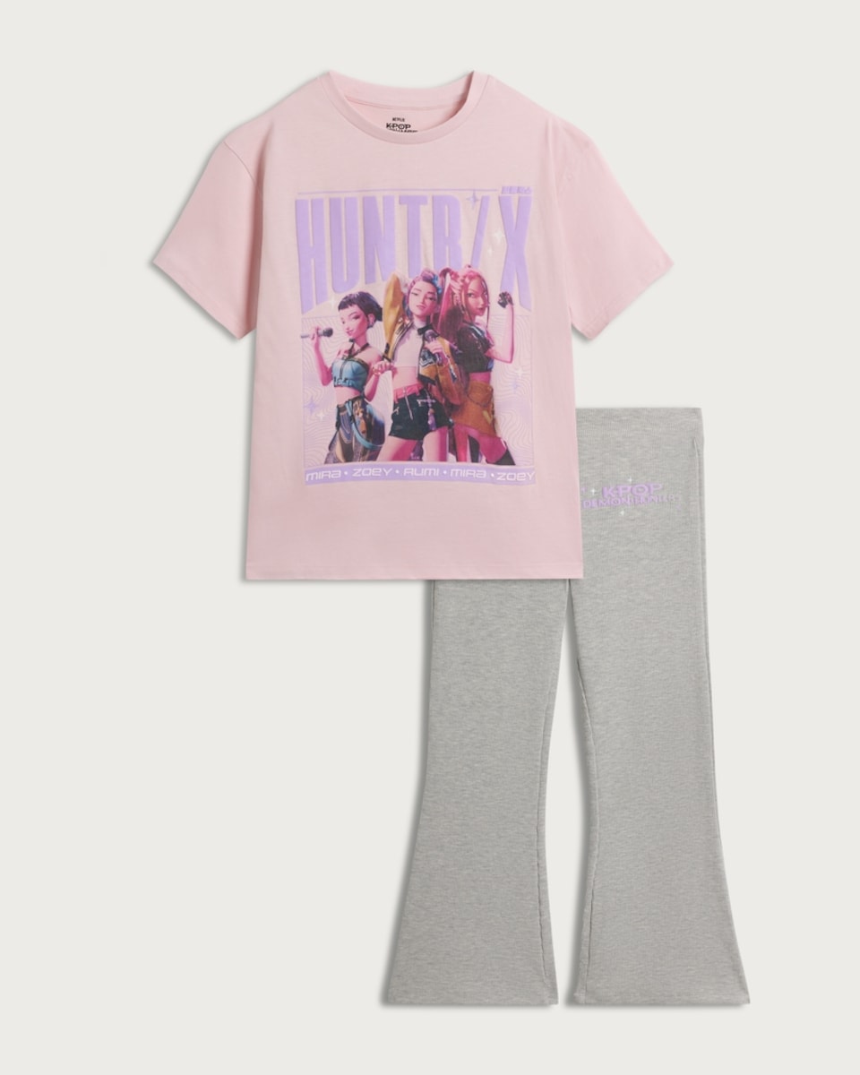 K-Pop Demon Hunters Cotton Rich Huntrix T-Shirt and Flared Leggings in Pink