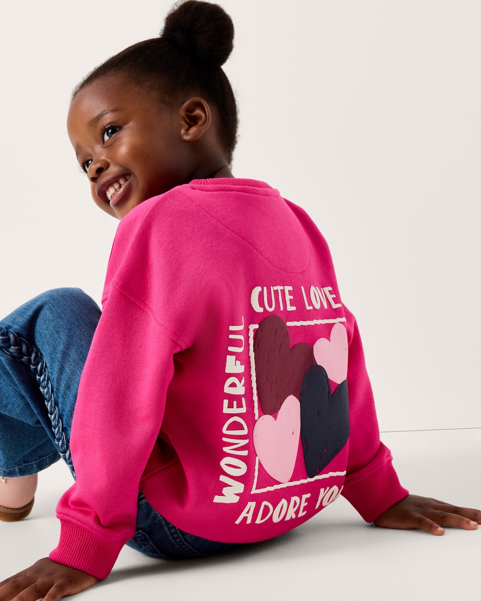 image 1 of F&F Girls Cotton Rich Heart Sweatshirt in Pink
