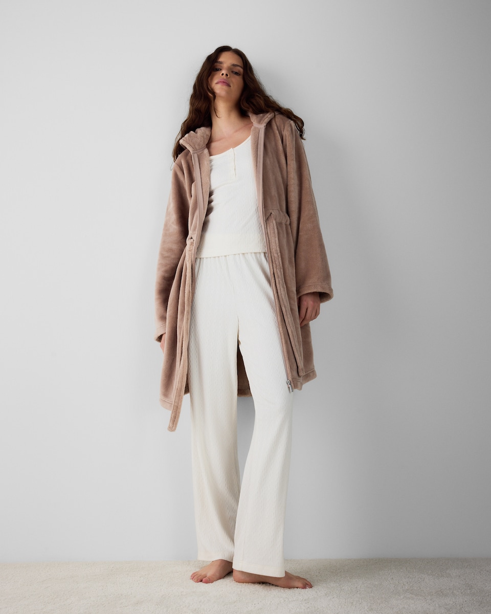 image 1 of F&F Fleece Zip Up Dressing Gown in Neutral